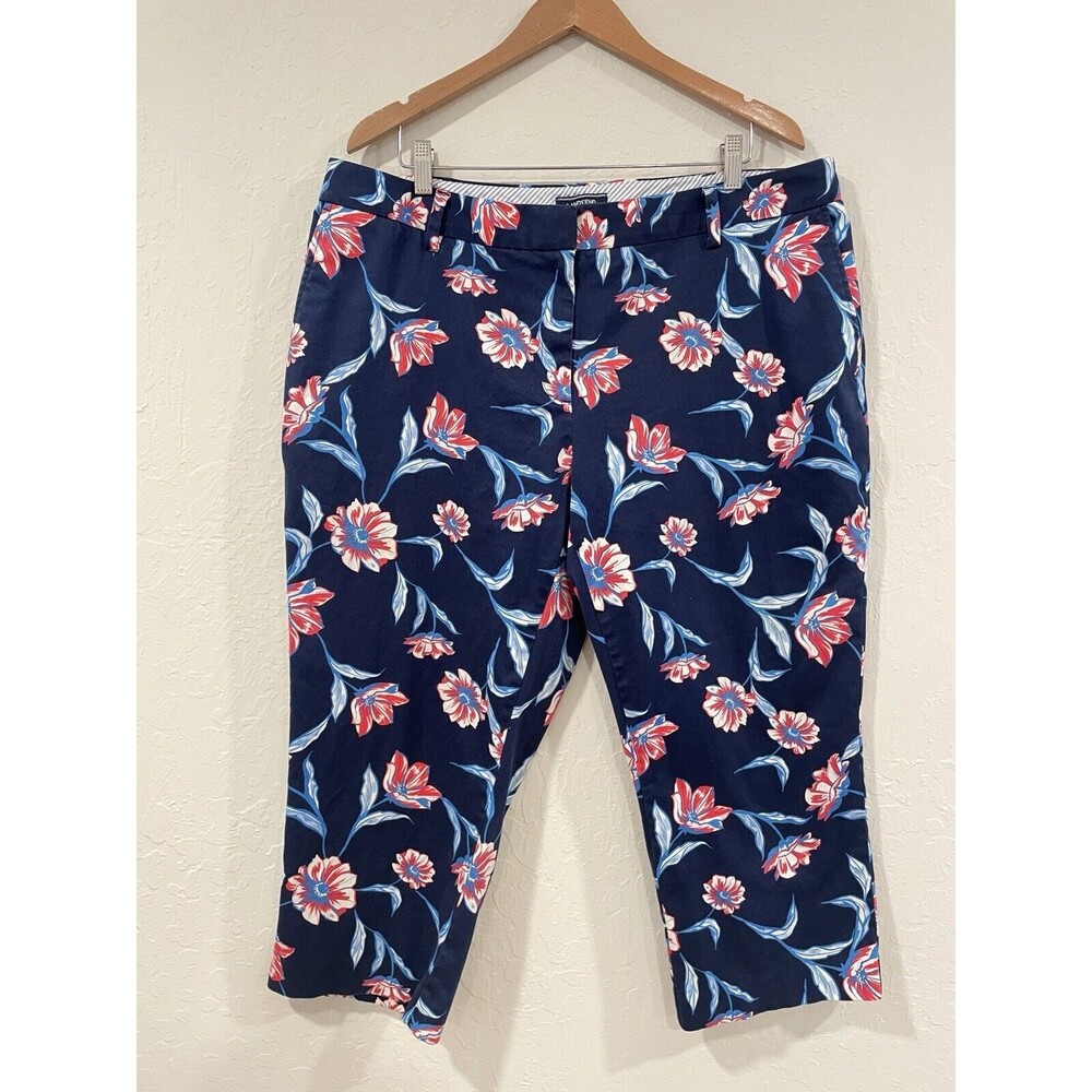 ~ Lands' End 18W Tropical Floral Mid Rise Crop Leg Pants Blue Pink Women's Navy
